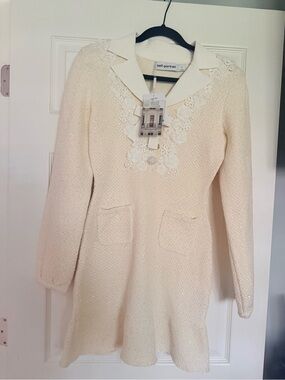 Self-Portrait Ivory Lace-Trim Long Sleeve Knit Dress